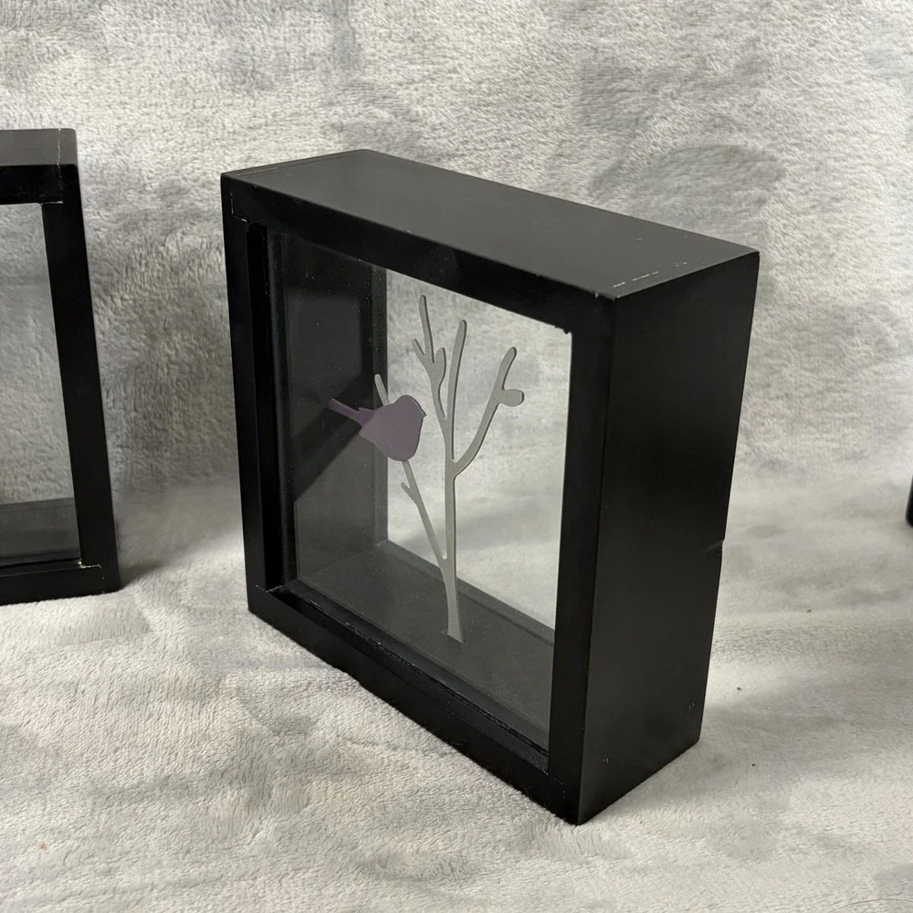 Bird Silhouette Shadow Box Decor Set of 3 Black Frame Glass‎ Branch Modern
